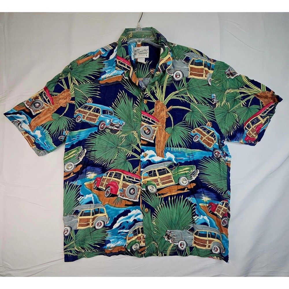 Vintage DIAMOND HEAD Sportswear Hawaiian Shirt Large Woodie Surf Wagons Rayon